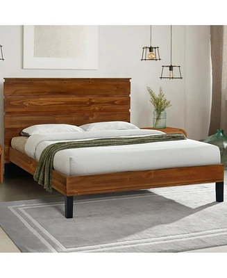 Simplie Fun Mid-Century Modern Solid Wood King Bed with Six-Piece Headboard