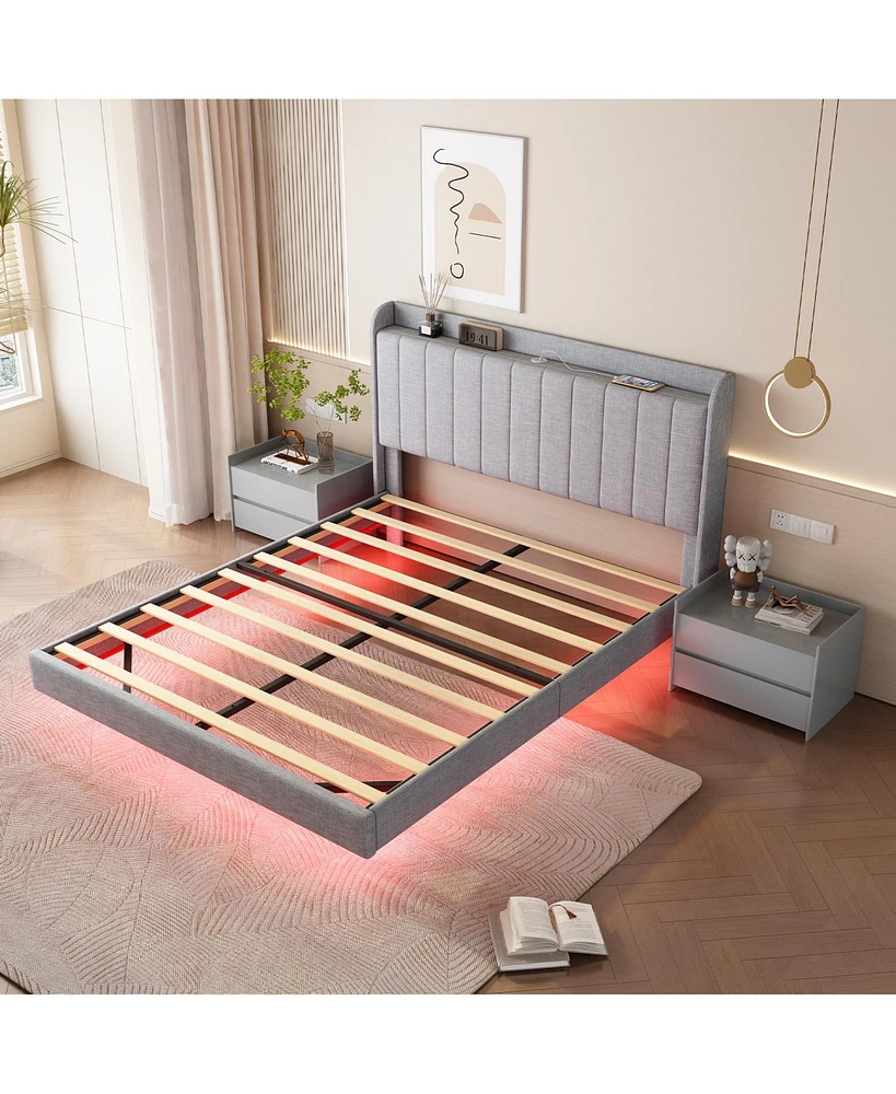 Simplie Fun Floating Bed Frame with Led Lights, Remote Control, and App