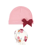 Hudson Baby Baby Girls Cotton Cap and Scratch Mitten Set, Autumn Rose, 0-6 Months