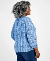 Style & Co Plus Size Printed Split-Neck Popover Blouse, Created for Style & Co