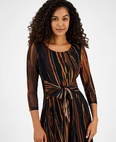 Connected Women's Printed Tie-Waist Mesh-Sleeve Dress