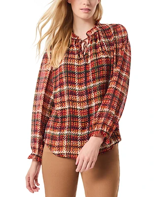 Jones New York Petite Ruffled-Neck Plaid-Print Top