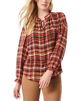 Jones New York Petite Ruffled-Neck Plaid-Print Top