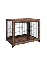 Streamdale Furniture Rustic Brown Dog Crate Side Table with Wheels and Multiple Entry Points