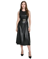 Halston Women's Faux-Leather Belted Sleeveless Midi Dress