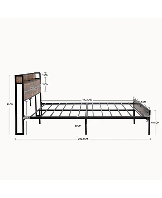 Simplie Fun Black Queen Metal Bed Frame with Wooden Headboard and Iron Slats