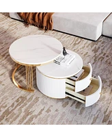 Modern 2-Piece White Round Nesting Coffee Table with Drawers