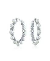 Bling Jewelry Statement Jewelry White Simulated Pearl Hoop Earrings For Women 1.25 Diameter