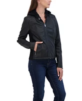 Sebby Collection Women's Garment Dyed Faux Leather Zip Front Jacket With Detachable Sweater Knit Hood