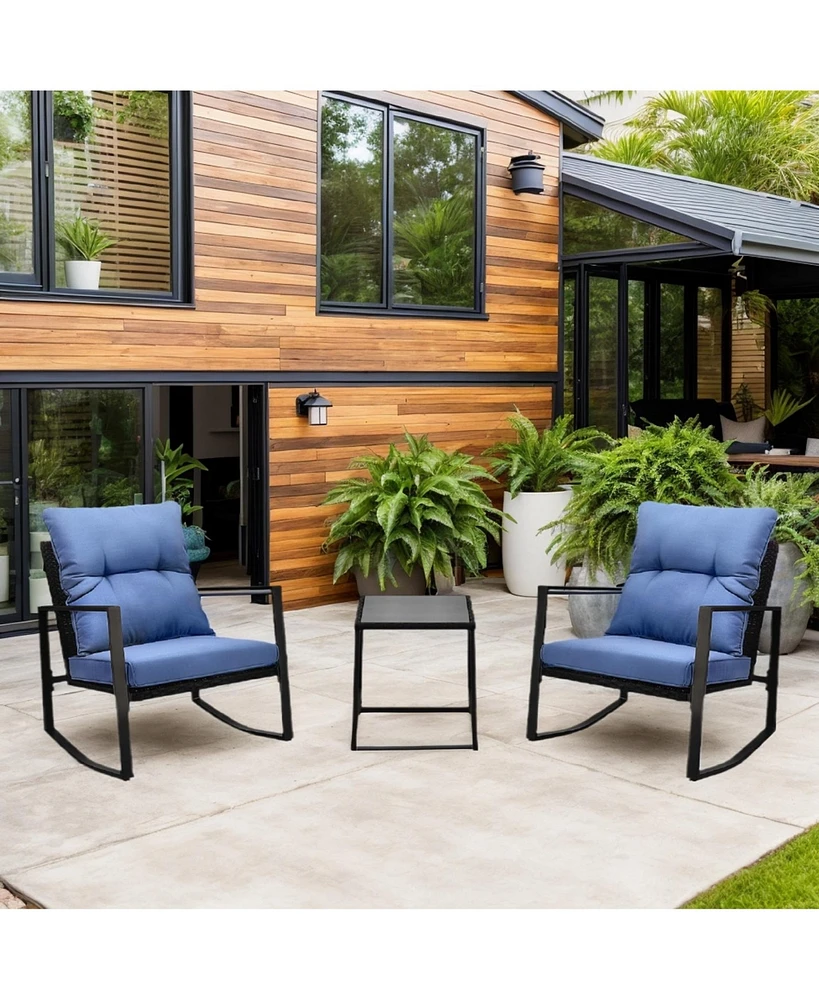 Simplie Fun 3-Piece Outdoor Bistro Set: Rocking Chairs with Blue Cushions