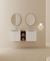 Wall-Mounted Vanity with Soft-Close Doors, Double Ceramic Basin, and Storage Shelves