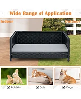 Slickblue Rattan Dog Bed with Waterproof Soft Cushion for Medium Small Dogs Cats-Grey
