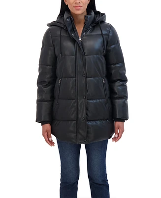 Sebby Collection Women's Faux Leather 3/4 Puffer Jacket With Hood