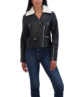 Sebby Collection Women's Collections Faux Leather Moto Jacket With Detachable Fur Collar