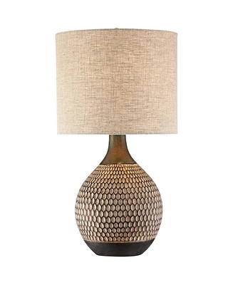 360 Lighting Emma Mid Century Modern Table Lamp with Table Top Dimmer 21" High Wood Brown Finish Ceramic Tan Drum Shade for Living Room Bedroom House