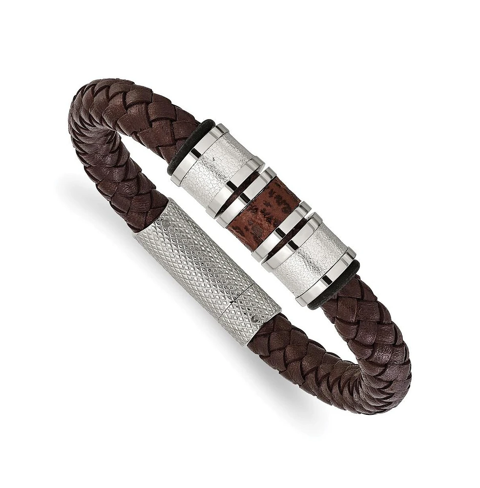 Chisel Stainless Steel Brown Metallic Leather Black Rubber Bracelet