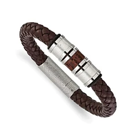 Chisel Stainless Steel Brown Metallic Leather Black Rubber Bracelet