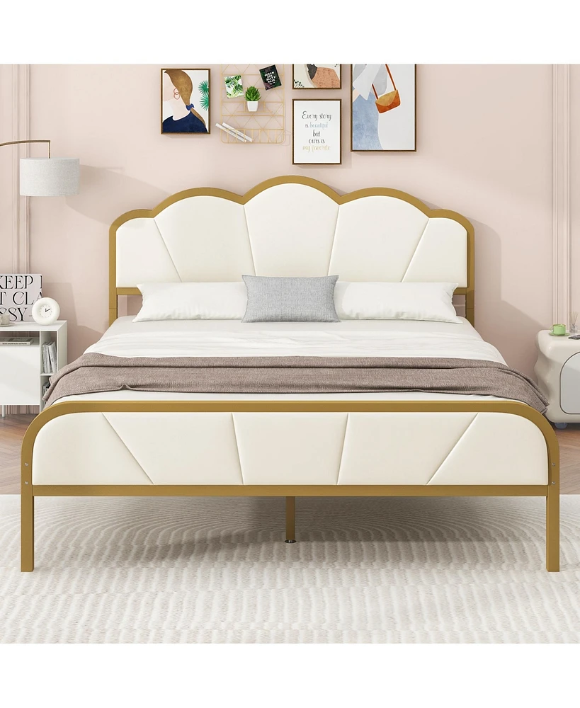 Simplie Fun Full Size Metal Platform Bed with Upholstered Headboard and Footboard