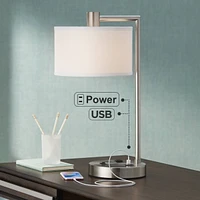 Colby Modern Desk Table Lamp with Hotel Style Usb and Ac Power Outlet in Base 21" High Brushed Nickel White Linen Drum Shade for Living Room Bedroom H