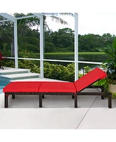 Gymax 2PCS Adjustable Patio Rattan Chaise Lounge Chair Recliner Outdoor w/ Red Cushion