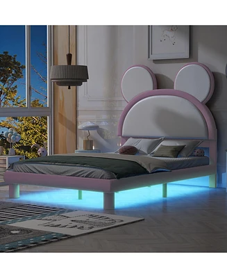 Simplie Fun Full Size Platform Bed with Cartoon Ears Headboard and Led