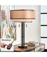 Andes Rustic Farmhouse Industrial Table Lamp with Table Top Dimmer 27.5" Tall Oil Rubbed Bronze Metal Stacked Double Drum Shade for Living Room B