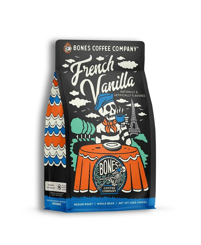 Bones Coffee Company French Vanilla Flavored Coffee Whole Coffee Beans | 12 oz Medium Roast Arabica Low Acid Coffee | Gourmet Coffee | Whole Bean