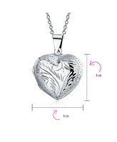 Bling Jewelry Simple Plain Keepsake Domed Puff carved Leaf Heart Shaped Photo Locket For Women Holds Photos Pictures Silver Necklace Pendant Large