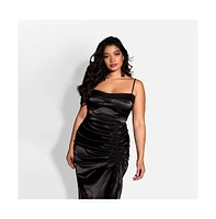 Rebdolls Plus Size Mina Satin Adjustable Ruched Midi Bodycon Dress