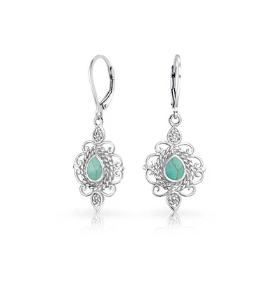 Bling Jewelry Filigree Teardrop Natural Turquoise Lever Back Dangle Earrings Western Style For Women Sterling Silver