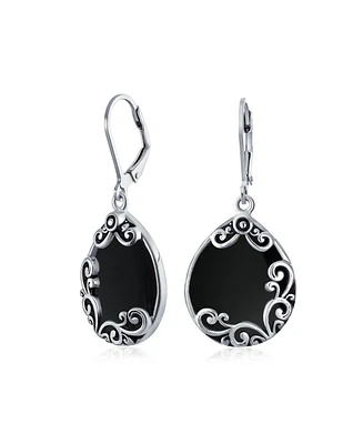 Bling Jewelry Western Style Teardrop Scroll Filigree Scroll Stabilized Black Natural Onyx Lever Back Dangle Earrings For Women Sterling Silver