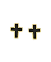 Bling Jewelry Tiny Minimalist Religious Christian 3D Mini Cross Stud Earrings For Women Black Enamel14K Yellow Gold Safety Screw back