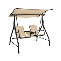 Slickblue 2-Seat Outdoor Cushioned Porch Swing with Adjustable Canopy and Tempered Glass Table-Beige