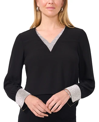 Msk Women's Rhinestone-Trim V-Neck Long-Sleeve Top