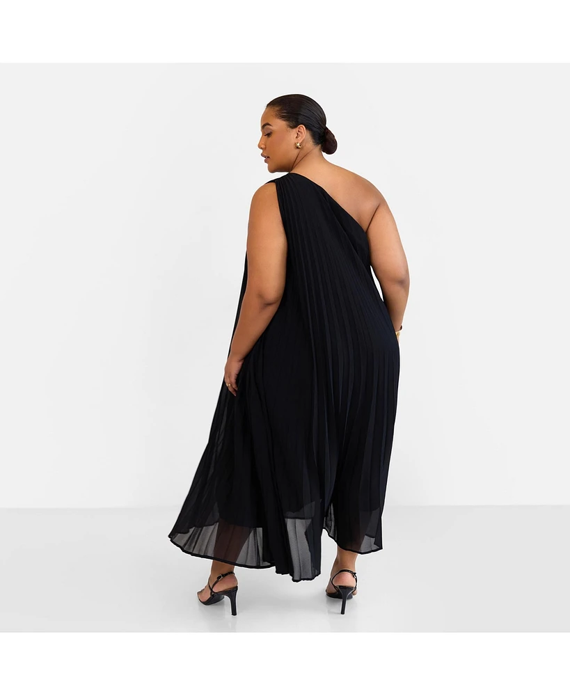 Rebdolls Plus Desiree Chiffon Pleated One Shoulder Maxi Shift Dress