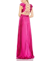 Mac Duggal Women's Ieena Pleated Ruffled Cap Sleeve Cut Out Lace Up Gown