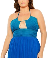 Mac Duggal Women's Plus Size Halter Ruched Ombre Gown