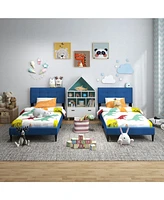 Sugift Twin Upholstered Platform Bed with Button Tufted Linen Fabric Headboard