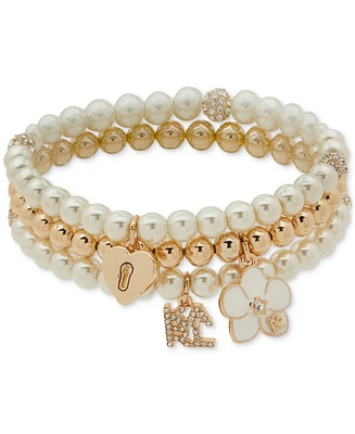 Karl Lagerfeld Paris Gold-Tone Imitation Pearl Three Row Charm Orchid Stretch Bracelet