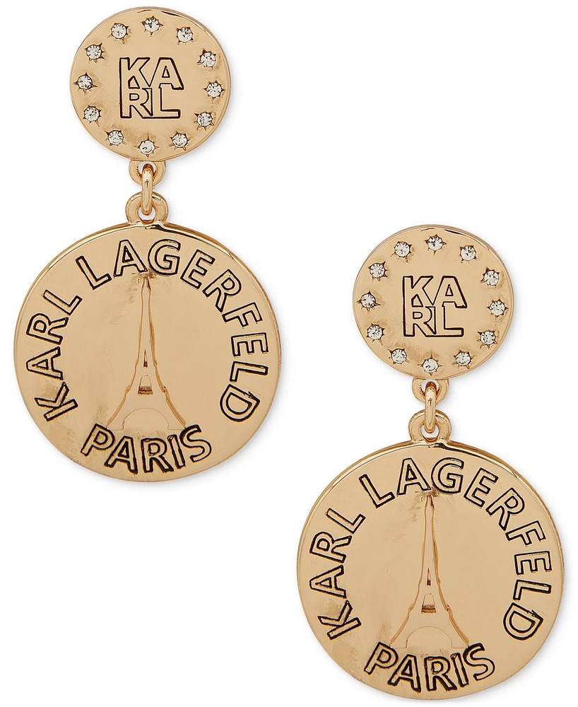 Karl Lagerfeld Paris Gold-Tone Crystal Logo Circle Coin Drop Earrings