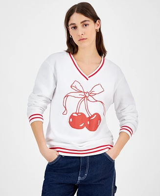 Love Tribe Juniors' V-Neck Cherry Bow Fleece Sweatshirt