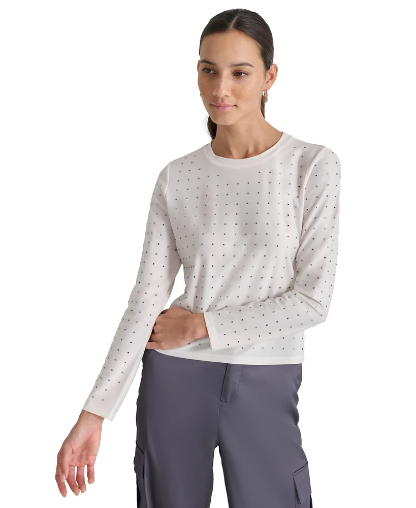 Dkny Jeans Petite Studded Long-Sleeve Crewneck Top