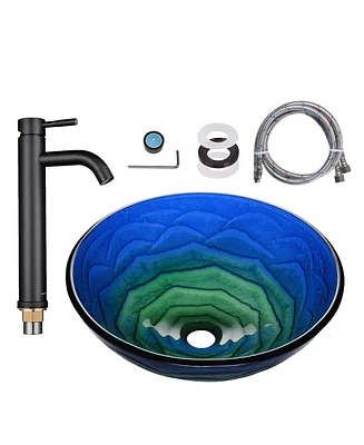 Aquaterior Tempered Glass Vessel Sink w/ Orb Single Handle Faucet Mounting Ring