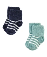 Hudson Baby Boys Cozy Chenille Newborn and Terry Socks, Navy Mint Stripe, 0-6 Months