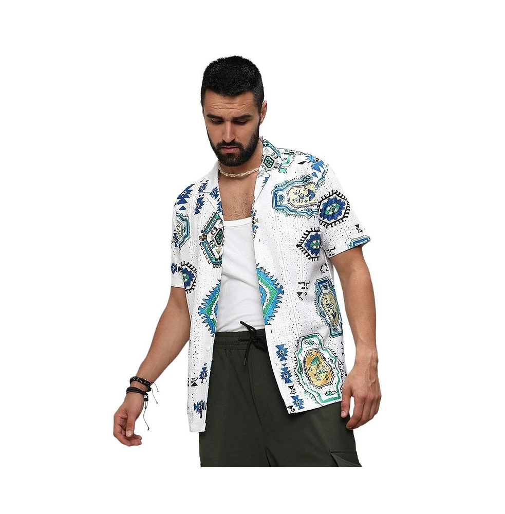 Campus Sutra Men's Chalk White Mesh Aztec Shirt