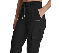 Dkny Sport Women's Studded-Logo Cargo Jogger Fleece Sweatpants