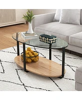 Givimo 2-Tier Glass-Top Oval Coffee Table with Wooden Shelf for Living Room