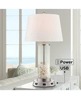 Modern Table Lamp with Usb and Ac Power Outlet Workstation Charging Base 26.25" High Cylinder Fillable Clear Glass Brushed Nickel White Drum Shad
