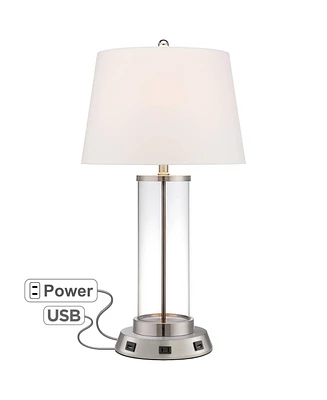 360 Lighting Modern Table Lamp with Usb and Ac Power Outlet Workstation Charging Base 26.25" High Cylinder Fillable Clear Glass Brushed Nickel White D