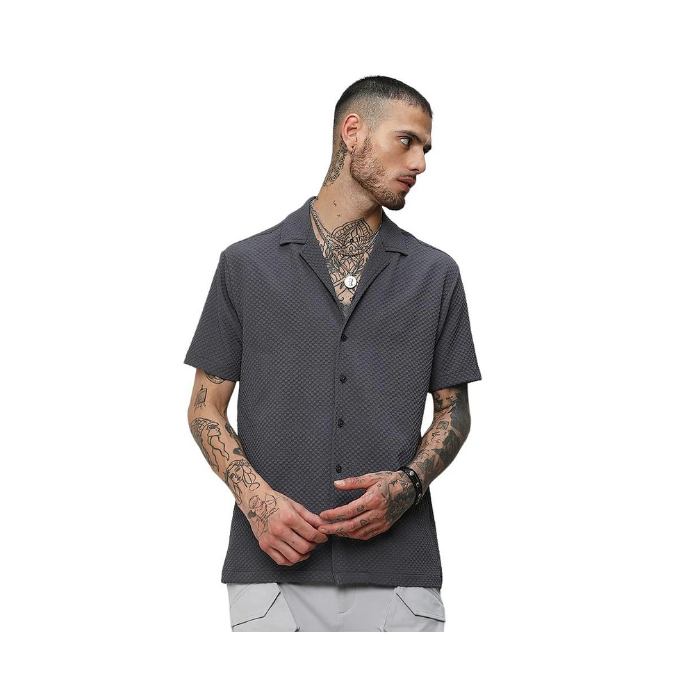 Campus Sutra Men's Charcoal Grey Self-Design Block Shirt